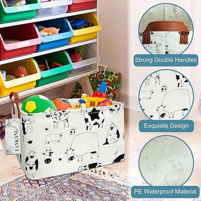 Storage Basket,Nursery Hamper Canvas Laundry Basket Foldable with Waterproof PE Coating Storage, Office, Bedroom, Clothes,Toys(L, Rec-cows)