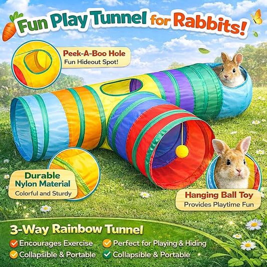 Mechpia Rabbit Toys, 3 Way Buuny Hideout Foldable Rabbit Tunnel and Tubes for Rabbit Guinea Pig Chinchilla Ferret Rat