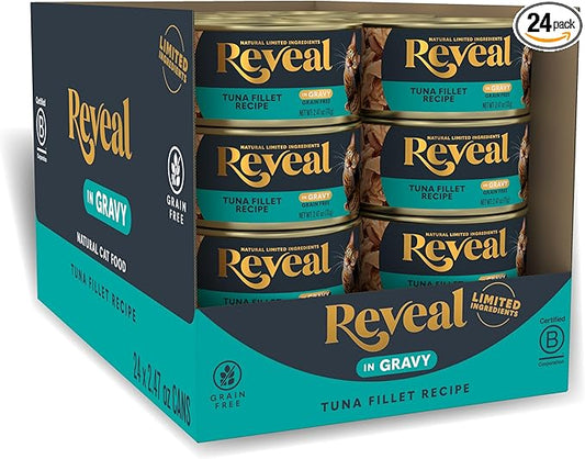 Reveal Natural Wet Canned Cat Food, Limited and Natural Ingredients, Grain Free, High Protein with No Artificial Additives, Tuna in Gravy (24 x 2.47 oz Cans)