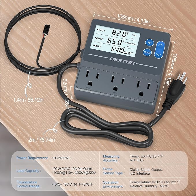 DIGITEN Reptile Temp & Humidity Controller, Timer Outlet, Day-Night Thermostat, 3-Stage Outlet Plug in Temperature Controller for Reptile, Mushroom, Homebrew
