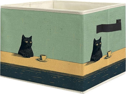 Vintage Coffee Black Cat Storage Bin Box, Cat Lover Mom Lady Grandma Gifts Collapsible Storage Basket Organizer for Bedroom Bathroom Home Clothes Toys Books, Toybox for Girls