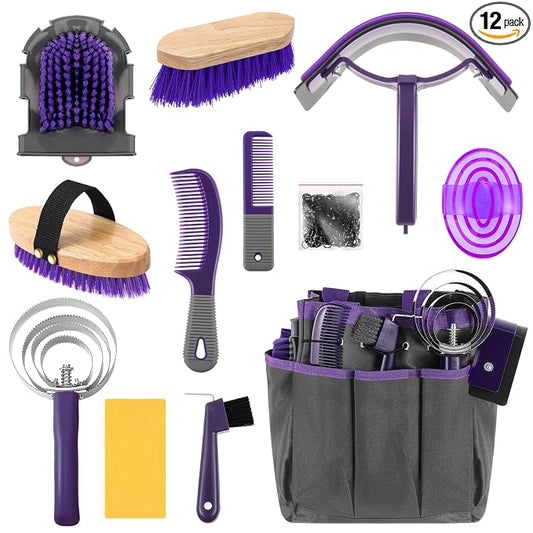 Abbylike 12 Piece Horse Grooming Kit with Organizer Tote Bag Brush Sets for Derby Day Show Horses Professional Tools for Care & Massage(Grey and Purple)