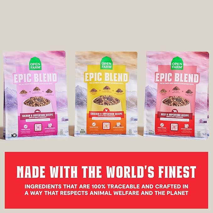 Open Farm, Epic Blend High Protein Dry Dog Food, Probiotic Coated & Bone Broth Infused Kibble with Air Dried Meat & Organs, Minimally Processed & Nutrient Dense, Beef & Superfood Recipe, 3.5lb Bag