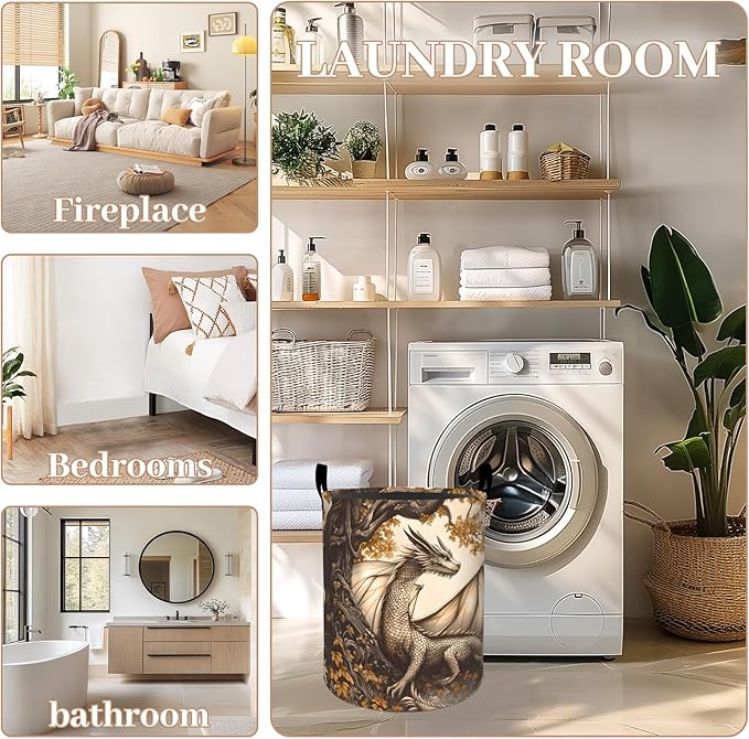 Autumn Dragon Laundry Basket, Oxford Cloth Mythical Fantasy Dirty Clothes Collapsible Hamper for Room Decor, Fall Forest Print Gifts Toy Organizer 19.7 * 15.8 Inch for Bedroom Bathroom Dorm