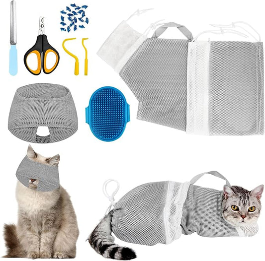 Cat Bathing Bag Adjustable Cat Grooming Net Bag Anti-bite & Anti-Scratch Cat Bath Washing Restraint Bag, Breathable Mesh Cat Grooming Bag for Shower, Nail Trimming, Injection