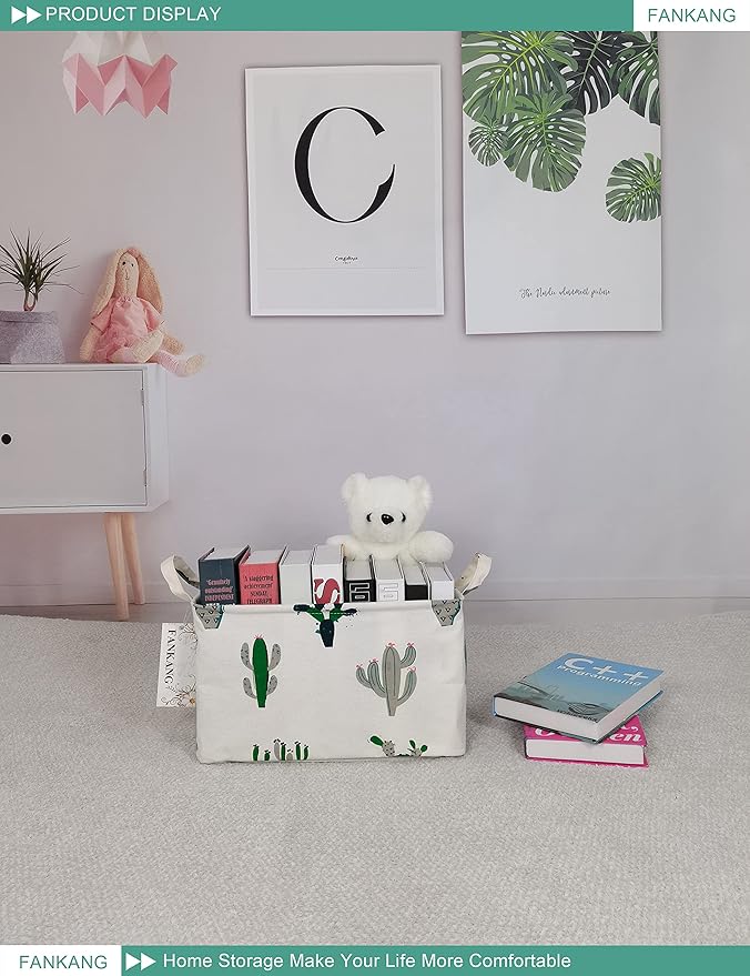 Storage Basket,Nursery Hamper Canvas Laundry Basket Foldable with Waterproof PE Coating Storage, Office, Bedroom, Clothes,Toys (L, Rec-Cactus)