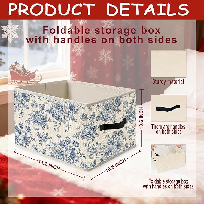 Blue and White Chinoiserie Floral Storage Bins, Grandmillennial Flower Foldable Closet Organizers Storage Basket Toybox for Clothes Bed Sheets Blankets Toys