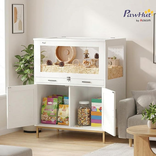 PawHut Hamster Cage with Storage Cabinet, Small Animal Cage with Pull Out Drawer and Acrylic Panels, Ventilated Large Guinea Pig Habitat for Bunny, Hedgehog, Gerbil, Rat, 30" x 19.5" x 36"
