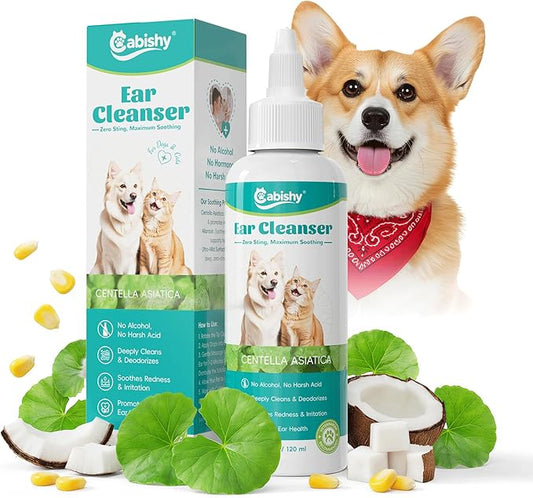Cabishy Dog & Cat Ear Cleaner for Itchy, Smelly Ears – Gentle Ear Wax Removal & Soothing Ear Wash with Centella Asiatica, Alcohol-Free Pet Ear Cleaning Solution for Dogs & Cats (4oz)