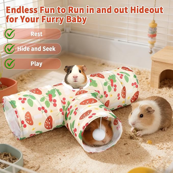 Rypet 3-Way Guinea Pig Tunnel, Collapsible Small Animal Enrichment Toy with Ball, Foldable Rabbit & Hamster Tunnel for Boredom Relief, Washable, Indoor/Outdoor Play
