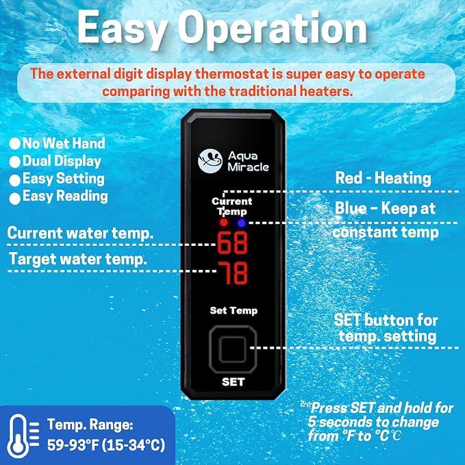 AquaMiracle Upgraded 50W Small Aquarium Heater Fish Tank Heater Turtle Heater Super Mini Aquarium Heater, Dry-Run/Overheating Protection and Memory Function, Dual LED Display, for 5-10 Gal Tanks