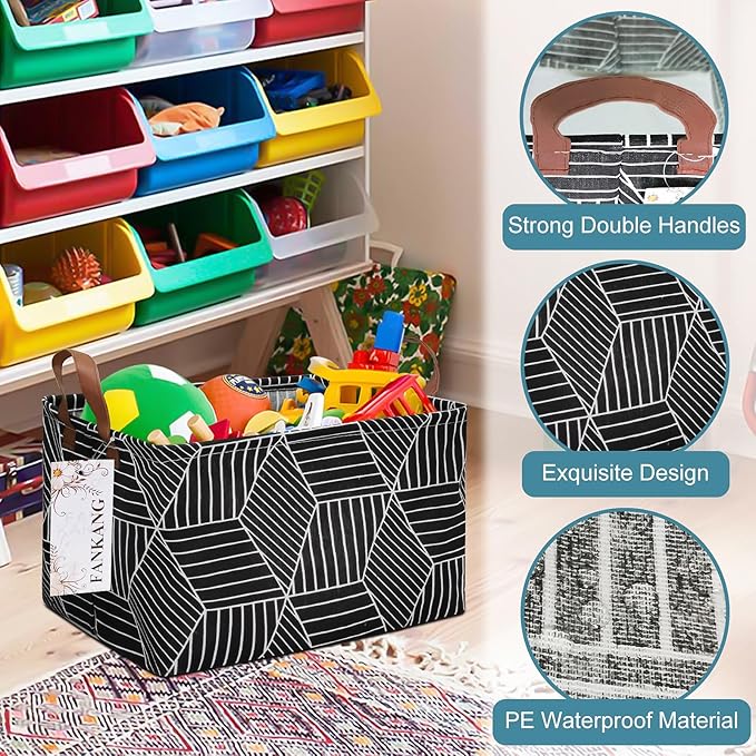 Storage Basket,Nursery Hamper Canvas Laundry Basket Foldable with Waterproof PE Coating Storage, Office, Bedroom, Clothes,Toys (Rec-Black Cube)