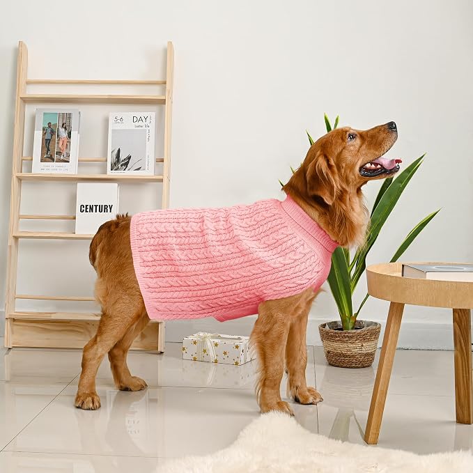 Dog Sweater 2 Pack for Large Dogs, Size XXL, Pink & Red | Stretchy cable knit turtleneck, machine washable, high belly cut, comfy winter fit for Golden Retriever, Labrador
