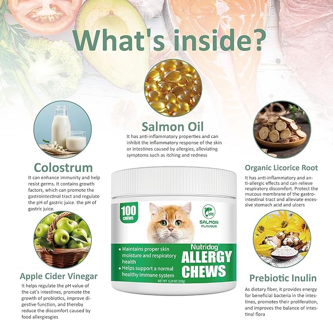 Cat Allergy Relief Chews for Seasonal Allergies - Itchy Skin, Sneezing & Paw Licking Remedy with Colostrum, Probiotics 300M CFU & Omega 3, Salmon Flavor Soft Chews, 100 Count