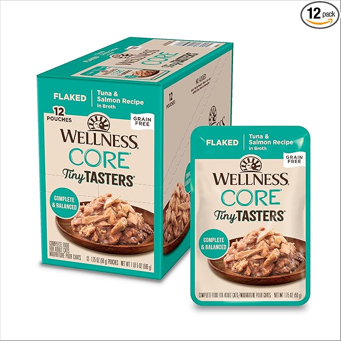 Wellness CORE Tiny Tasters Flaked Adult Wet Cat Food, Natural, Protein Rich, Grain Free, Tuna and Salmon Recipe, 1.75 oz, Pack of 12 Pouches