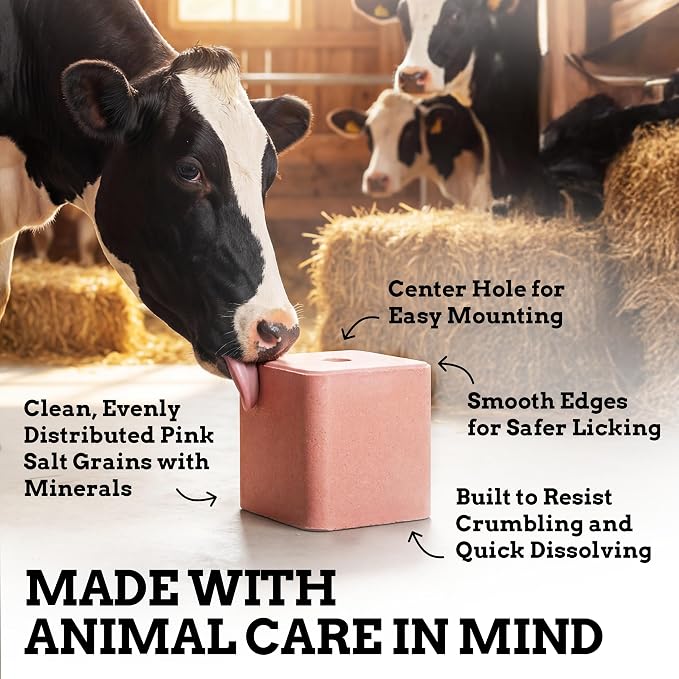 Salt Block for Deer & Horses – Compressed Mineral Salt Lick for Livestock, Cattle & Goats – Himalayan Secrets Pink Rock Salt Block (2.5LB/2KG, Block w/Mounting Hole)