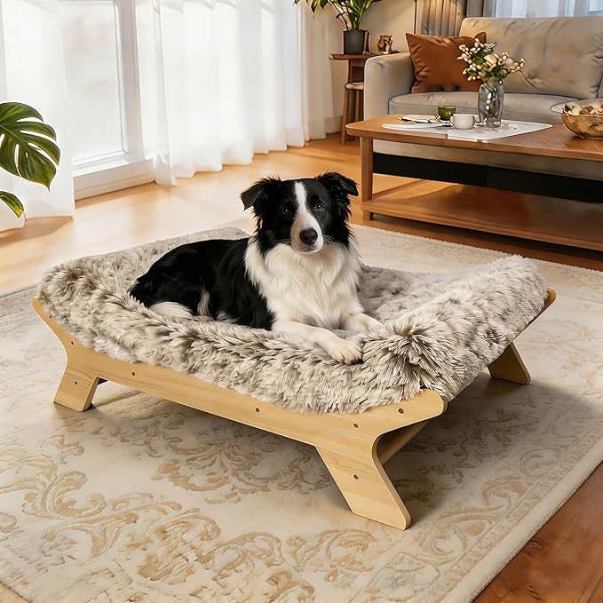 Elevated Dog Bed 37⅜" × 28⅜" × 11¾", Raised Wooden Large Dog Bed Frame and Mattress for Large Pets up to 80lbs