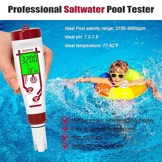 Aquarium Salinity pH Meter,Digital Pool Salt Tester,Simultaneously Display 5 in 1 PPM pH EC Reader Water Quality Tester for Pool, Aquaponics,Koi Pond, Coral Reef Tank