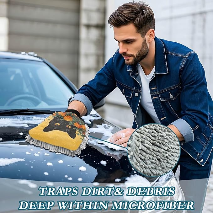 Car Wash Mitt Microfiber Wash Mitts for Car Washing Scratch-Free Cleaning Gloves Soft Non Absorbent Chenille Auto Hand Mitt Large 2Pack Orange Flower Black Cat
