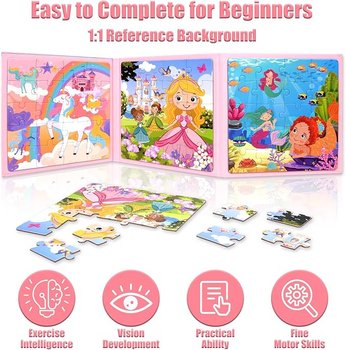 Magnetic Puzzles for Kids 3-5, 3-in-1 Princess Unicorn Mermaid Travel Puzzles for Kids Ages 4-6, Car Airplane Road Trip Activities Toys, Gifts for Girls