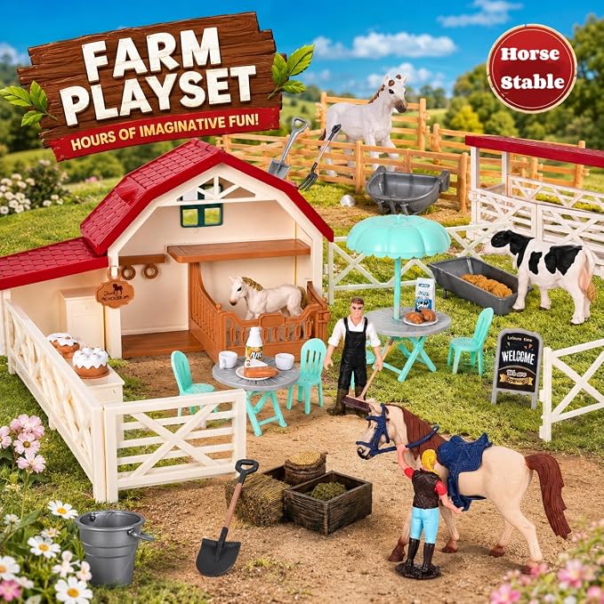 Peagprav Horse Club Riding Arena 71-Piece, Horse Stable Toys Playset, Farmmer Figures,Farm Animal Figurine, Coffee Shop, Barn with Fence Toys for 3-7 Years Old Kids Boys Girls Toddlers