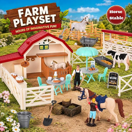 Peagprav Horse Club Riding Arena 71-Piece, Horse Stable Toys Playset, Farmmer Figures,Farm Animal Figurine, Coffee Shop, Barn with Fence Toys for 3-7 Years Old Kids Boys Girls Toddlers