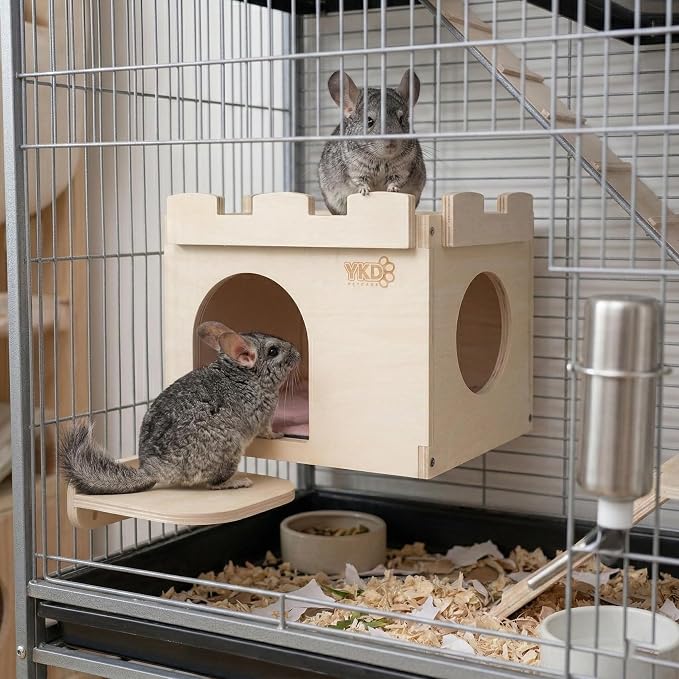 Castle Hanging Chinchilla House, Small Animal Hideout | Chinchilla, Guinea Pig, Hedgehog, or Rat, Ventilated Wooden Hamster Habitat with Multiple Doors, Made from Natural Wood
