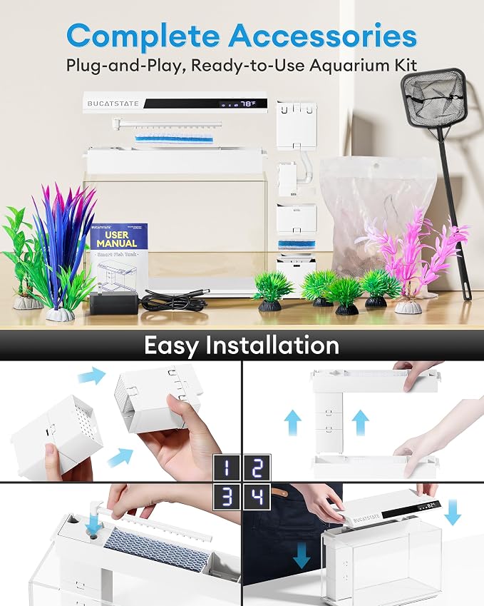 BUCATSTATE 2.6 Gallon Fish Tank, 3 Stage Filtration with Independent Waste Compartment Aquarium, Quiet 3 in 1 Pump, Real-Time Temp Display, 8-Mode LED Light Fish Tank (White)