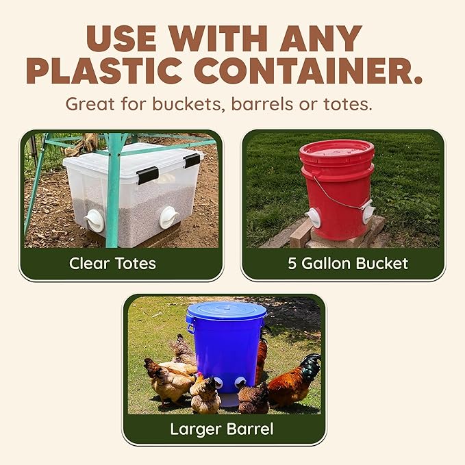 DIY Port PVC Gravity Fed Chicken Feeder 3 Ports and Hole Saw | Use for Buckets, Barrels, Bins, Troughs | Rain Proof, Weather Resistant, No Waste (Feeder and Waterer Bundle)