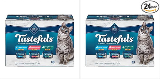 Blue Buffalo Tastefuls Natural Pate Wet Cat Food Variety Pack, Salmon, Chicken,Ocean Fish & Tuna Entrées 3-oz Cans (4 of Each Flavor), (Pack of 24)