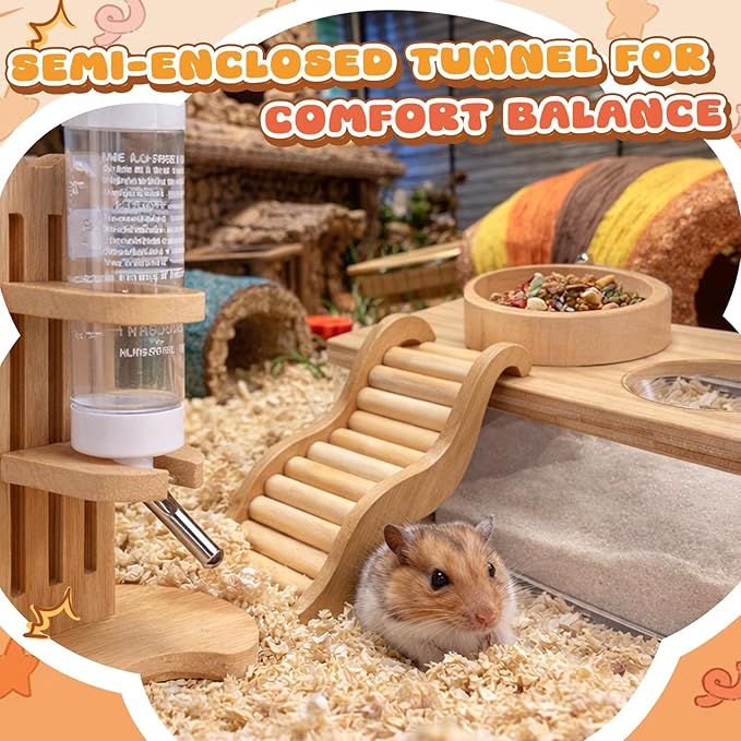 4 Pcs Hamster Cage Accessories Acrylic Sand Bath Box Feeding Bowl Water Bottle Set Hamster Climbing Toy Wooden Ladder Bridge Set for Rat Mice Small Animals Habitat(Rectangle)