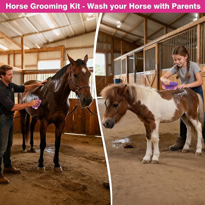Horse Grooming Kit, Horse Brushes for Grooming Supplies Set with Organizer Bag, Horses Tack Brush Set for Effective Grooming and Cleaning, Gift for Horse Riders Beginners, Pink