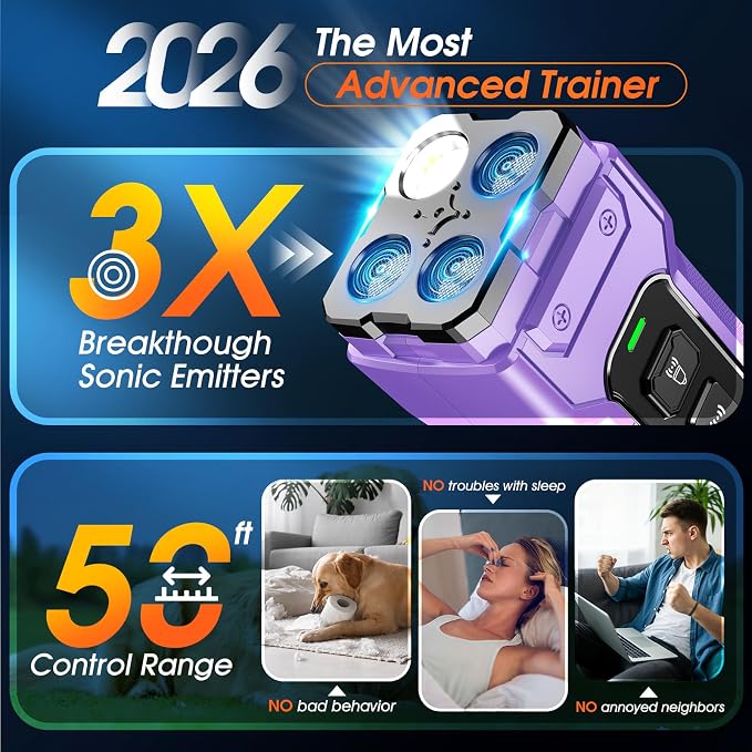 Dog Bark Deterrent Devices, Anti Barking Device 3X Ultrasonic Bark Control Device 50ft Range, Rechargeable & Safe Dog Training Tool for Quiet Walks and Peaceful Homes