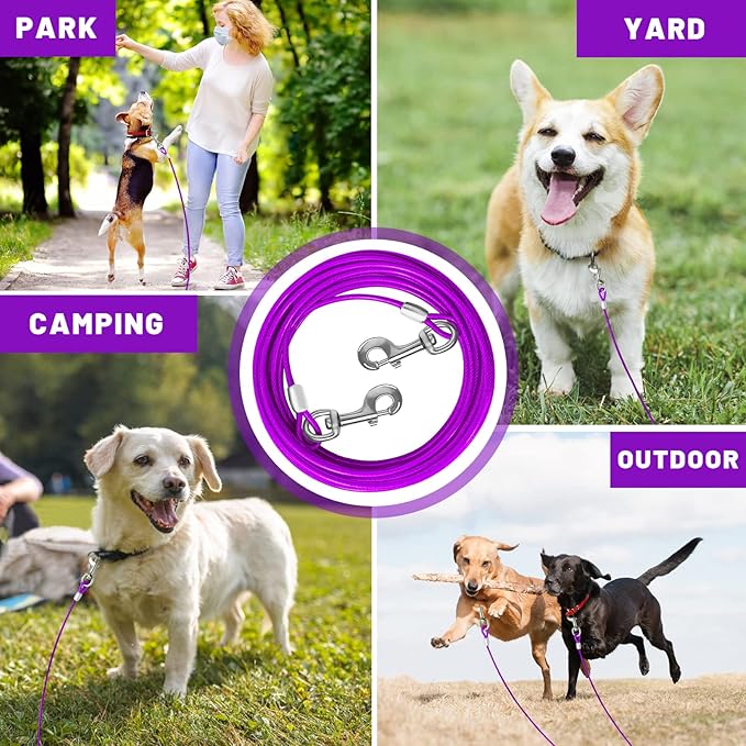 Dog Tie Out Cable - Durable Steel Wire Chains for Outside Use with Superidual Clips - Purple - Sizes: 10/15/20/25/30 FT - For Large Dogs Up to 165 lbs