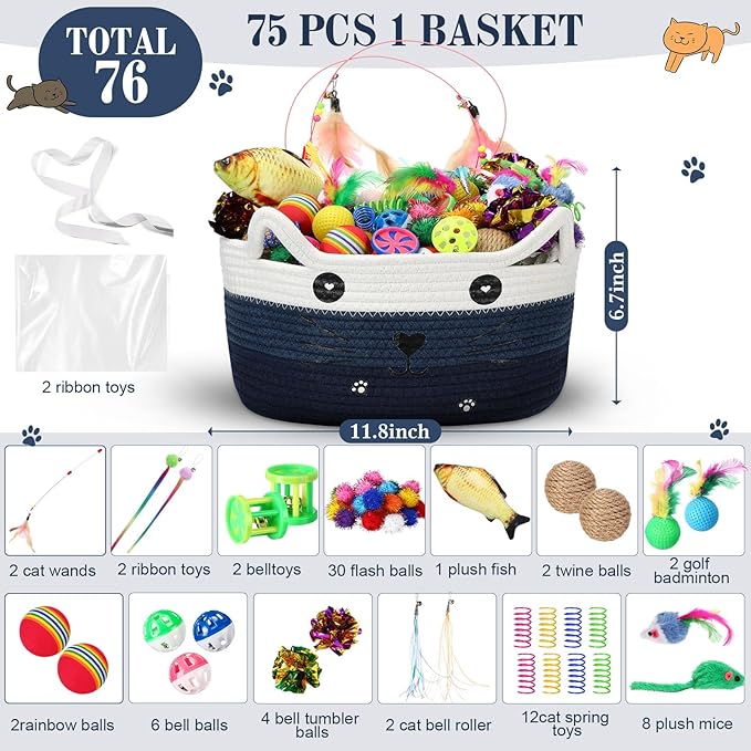 Zopeal 76 Pcs Mother's Day Cat Storage Basket Gift Toys Set Interactive Cat Toys Kitten Wand Colorful Flashing Balls Pet Crinkle Balls Attract Kitten to Swat, Hunt for Pet Indoor(Blue)
