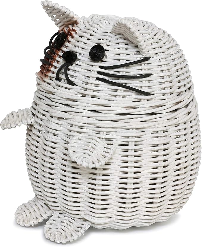 G6 COLLECTION Cat Rattan Storage Basket With Lid Decorative Bin Home Decor Hand Woven Shelf Organizer Cute Handmade Handcrafted Nursery Gift Animal Art Decoration Artwork Wicker Kitten
