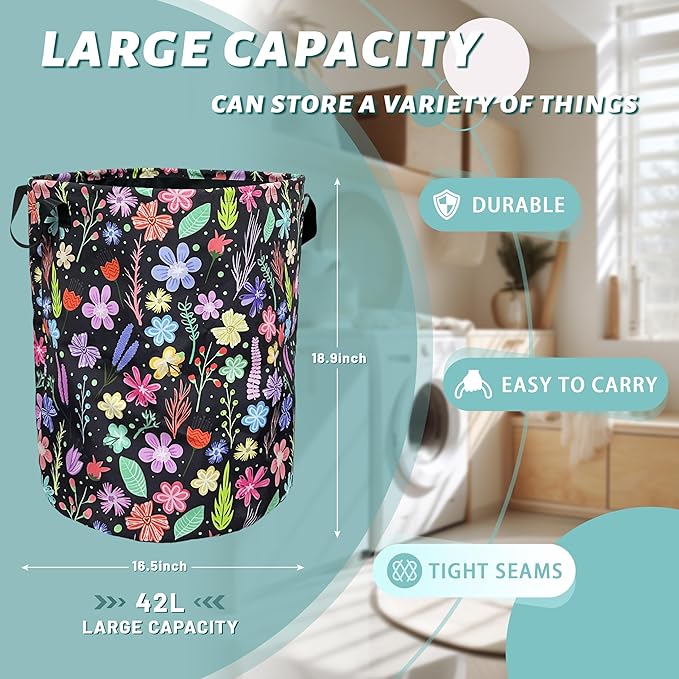 Colorful Flowers Laundry Basket Foldable With Handles Floral Tote Bag Oxford Cloth Universal Laundry Hamper Clothes Storage Bucket Toy Organizer 18.9" x 16.5" For Bathroom/Laundry/Bedroom