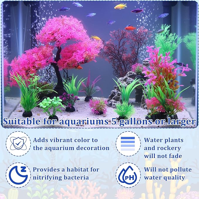Suncalla 16 Pcs Aquarium Fish Tank Plastic Plants and Cave Rock Decorations Decor Set Pink Cherry Blossom Tree Aquarium Decor Set Small and Large Artificial Fish Tank Plants Accessories