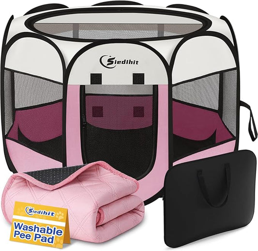 Pink Puppy Playpen for Middle Dog Cat, Dogs Tent Crate Cage Indoor/Outdoor, Portable Pop Up Dog Kennel with Carrying Bag for Rabbits, Removable Top (Pink with Pad, Large)