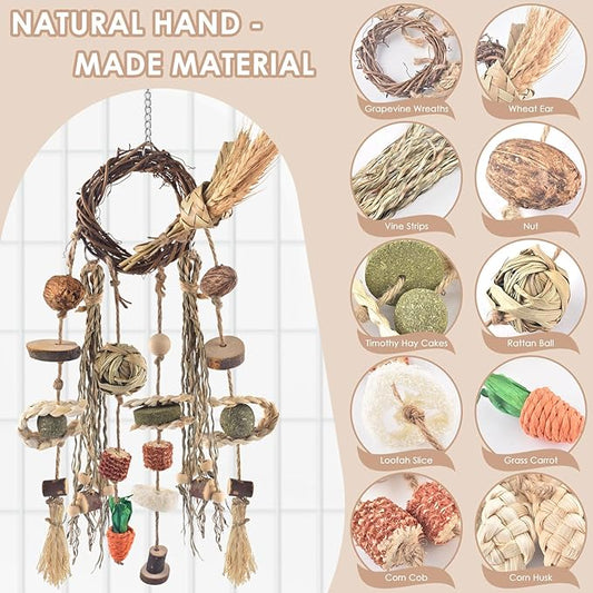 Bissap Bunny Chew Toy, Rabbit Cage Hanging Chewing Toy Treat Christmas Grapevine Wreaths Rattan Ring with Snack Water Grass for Guinea Pig Chinchilla Hamster Rat and Other Small Pet Teeth Grinding