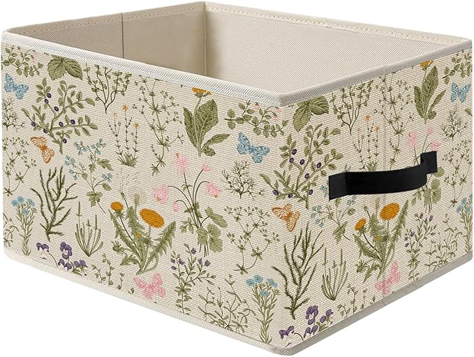 Rustic Vintage Butterfly Floral Storage Bins, Cottagecore Botanical Wildflower Foldable Closet Organizers Storage Basket Toybox for Clothes Bed Sheets Blankets Toys