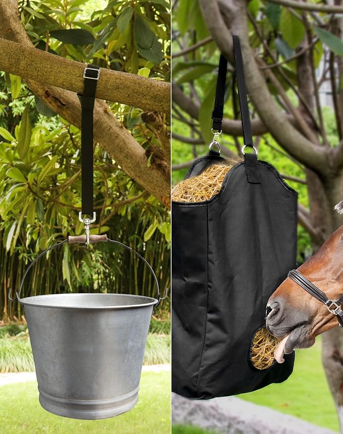 QWORK Horse Bucket Strap, Nylon, 3 Pack, Adjustable 21" to 32" Length, for Hay Nets, Water Buckets, Outdoor Feeders, Black