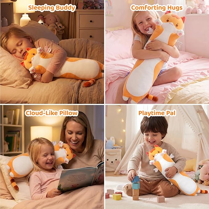 Mewaii Long Cat Plush Body Pillow, 28” Cute Brown Stuffed Animals Soft Plushies, Kitten Doll Toy Gift for Girlfriend