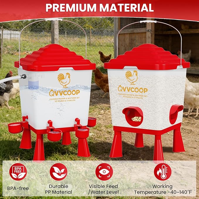 Automatic Chicken Feeder and Waterer Set, 5 Gallon Chicken Waterer with Float Valve, Poultry Feeding and Watering Supplies, Elevated Water Dispenser, Large Capacity, Red, Float Controlled