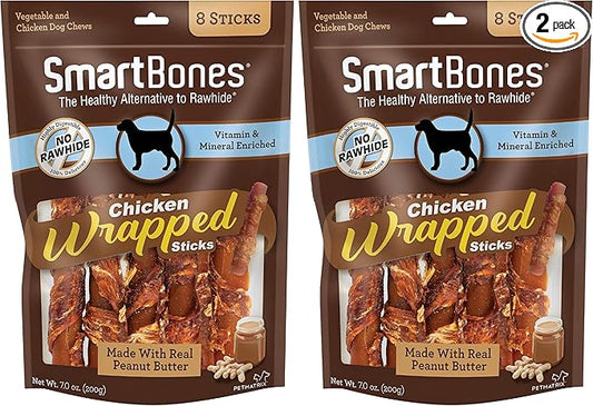 SmartBones Chicken-Wrapped Sticks, Treat Your Dog to a Rawhide-Free Chew Made with Real Chicken and Peanut Butter, 7 Ounce (Pack of 2)