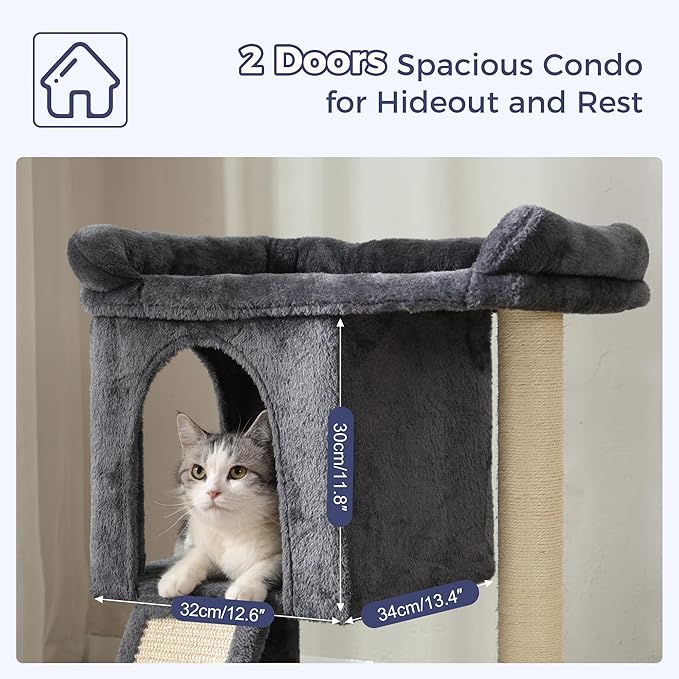Cat Tree for Large Cats with Scratching Post, Small Cat Tower with Spacious Top Bed 20x13.8” Private Cat Condo and Ramp and Self Groomer and Spring Ball-Dark Grey