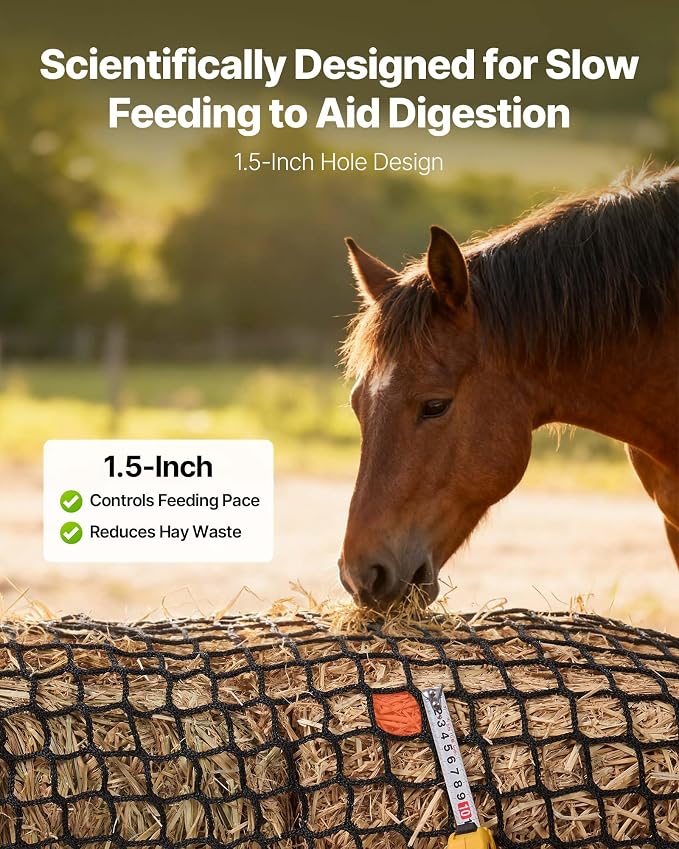 VEVOR Round Bale Hay Net, 4.92 x 4.92 x 4.92 ft, 1.5 inch Holes, PE Material, Knotless Design, with Zip Ties, Needle Shuttle, Repair Twine and Storage Bag, Slow Feeder Round Bale Net for Horses