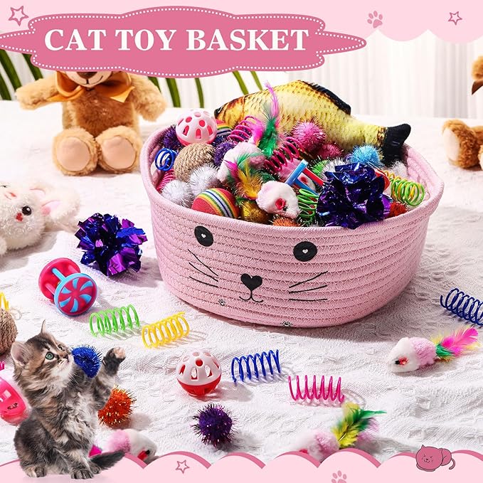 Zopeal 58 Pcs Mother’s Day Cat Storage Basket Gift Toys Set, Colorful Flashing Balls Pet Bell Crinkle Balls Spring Toys Attract Cat to Swat, Hunt, Interactive for Pet(Pink,9.8 Inch)