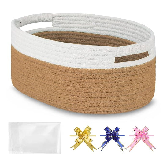 Small Woven Basket with Gift Bags and Ribbons, Empty Baby Gift Baskets for Kids Women Men, Shelf Storage, Small Cat Dog Pet Toy Boxes, 13”x 9”x 5.5”, Camel