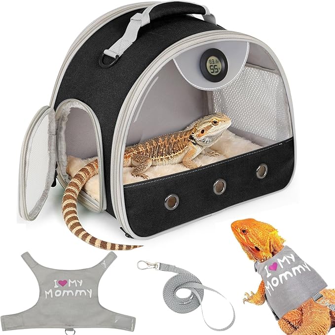 Bearded Dragon Travel Backpack Carrier with Reptile Thermometer and Humidity Gauge Lizard Travel Cage Space Capsule Clear Bubble Window Astronaut Reptile Bag for Ball Python (Black, Carrier+I LSH)